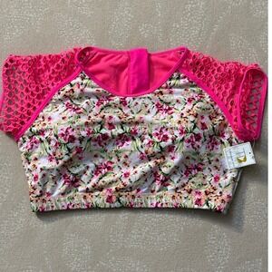 Tini Bikini Floral Print Swim Top Hot Pink‎ Mesh Sleeves XL